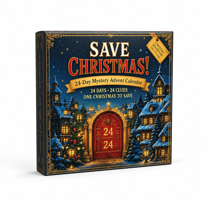 Closed snowy village themed box with a red arched door numbered 24 and a Christmas tree.