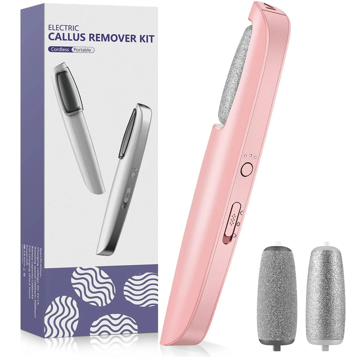 Pink version of the remover beside its box and two spare roller heads 8