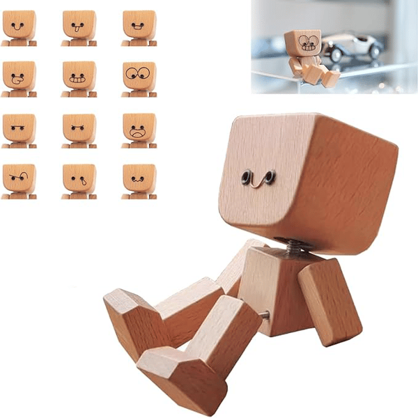 Sitting wooden figure in front, with all twelve face options and a display-shelf example in corners 10
