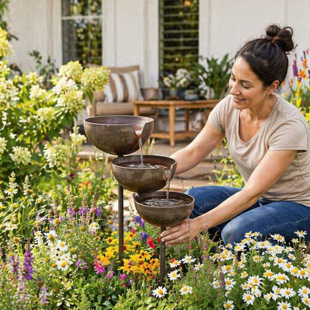 Brown stainless-steel bird bath with water spilling from bowl to bowl.