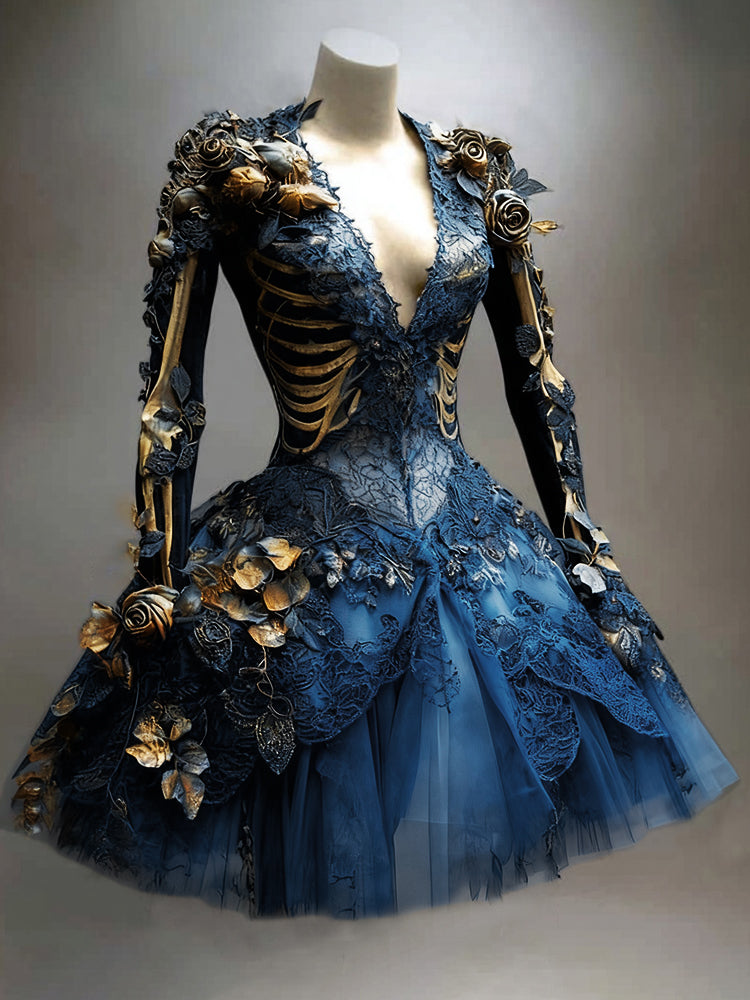 Deep blue version of the dress showing gold skeleton bones on the sleeves and bodice and a full tulle skirt