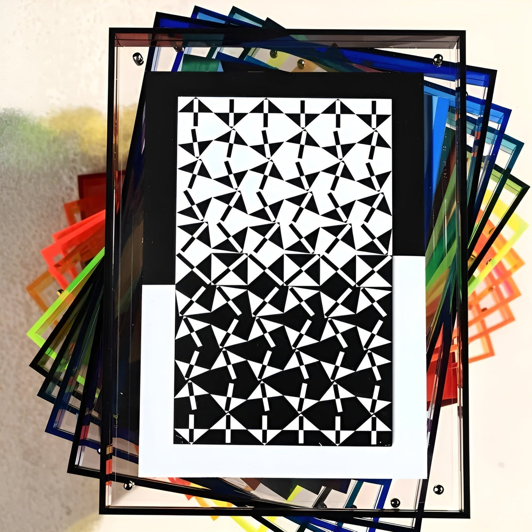 Clear acrylic frame shown over a fanned stack of colorful acrylic frames.