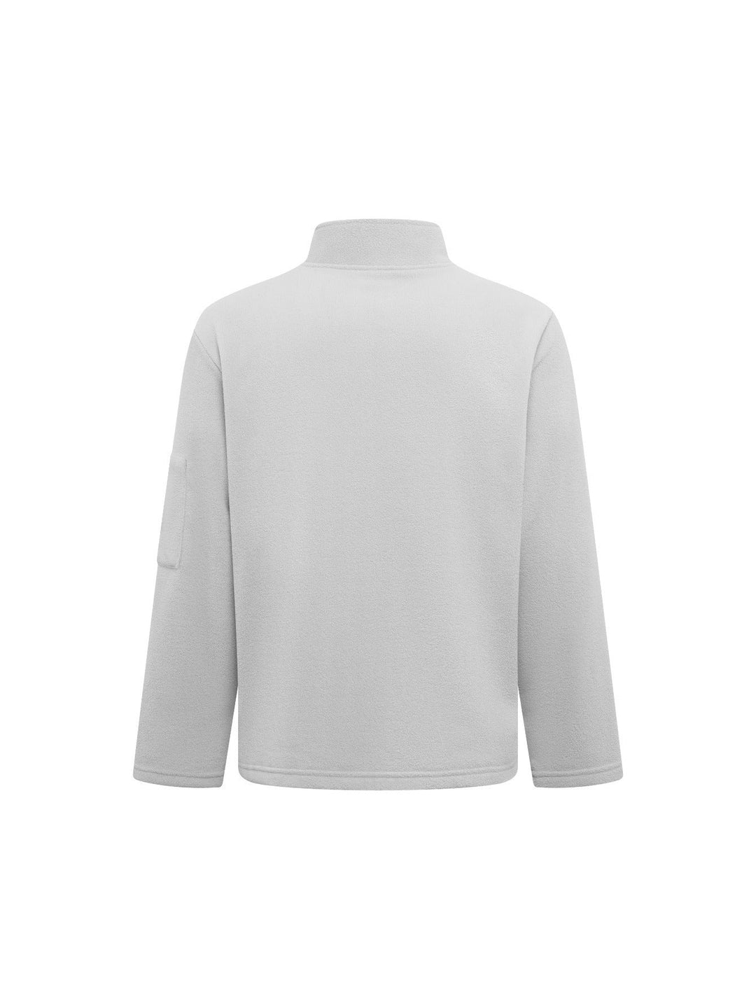 Back view of the light gray fleece jacket with a plain back and stand collar 8