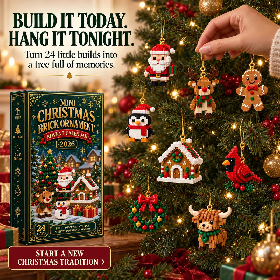 Christmas Building Block Advent Calendar with 24 Hanging Mini Ornaments, another view of a reindeer ornament on a tree