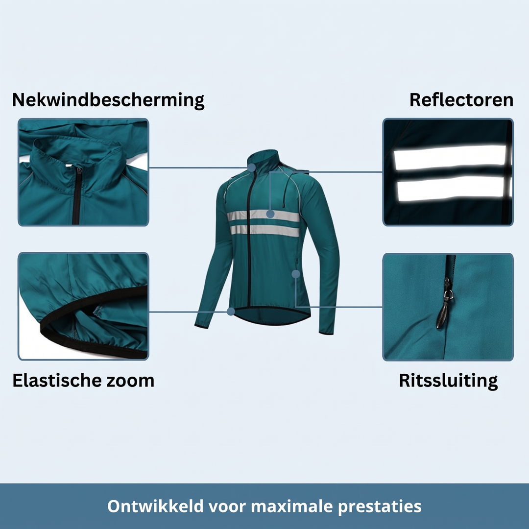 Teal jacket front view with four close-up detail boxes of the collar, reflective stripes, elastic hem and zipper.