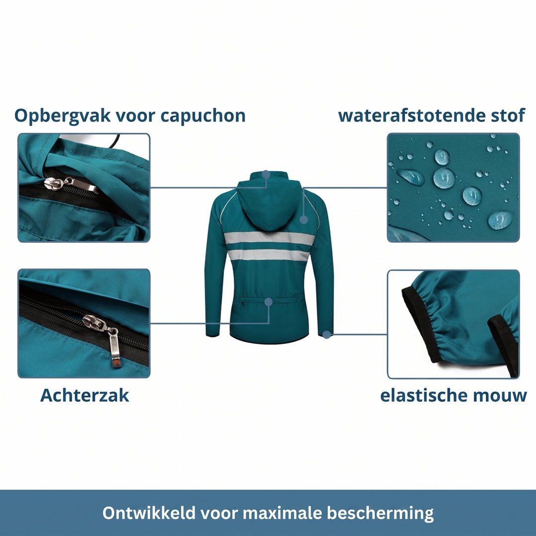 Teal jacket back view with close-ups of the stowable hood, rear zip pocket, water-repellent fabric beading water and elastic cuff.