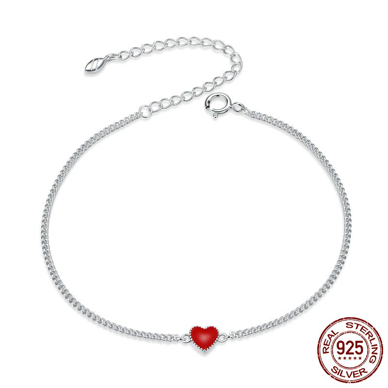 Adjustable Red Heart Charm Bracelet in 925 Sterling Silver-Nora Luxe