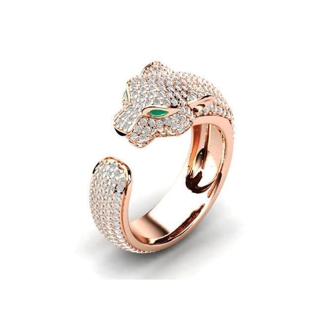 Adjustable Ring in 18K Silver and Rose Gold with Green Zirconia Eyes - Jaguar Ring™-Rosé Gold-Nora Luxe