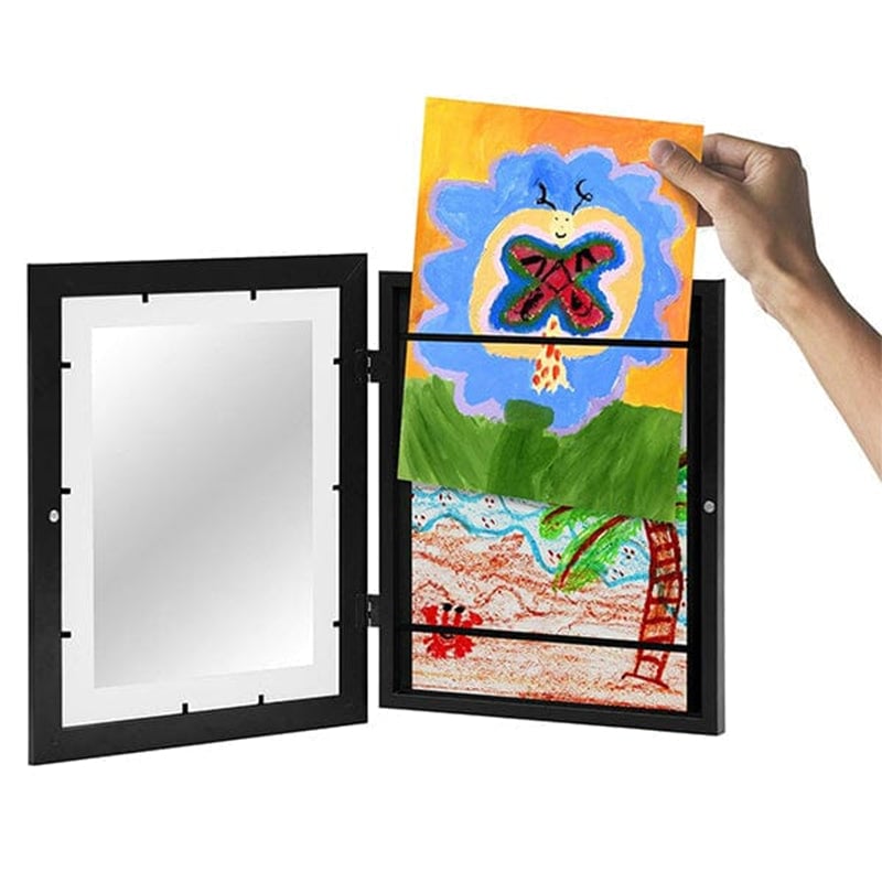 Black kids art frame detail, with a hand sliding a butterfly painting in or out of the storage compartment.