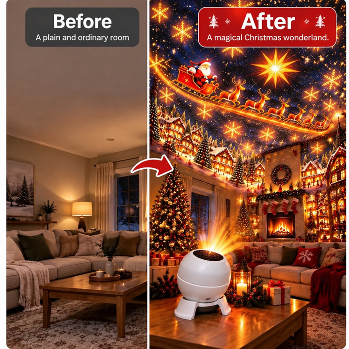 Before-and-after comparison of a plain living room and the same room filled with Christmas projections 3