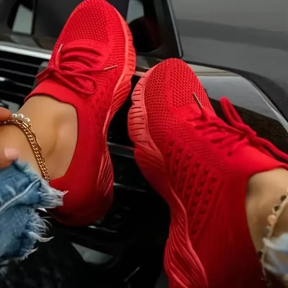Air-permeable women's chunky sneakers with lacing – Saphira-Red-3-Nora Luxe