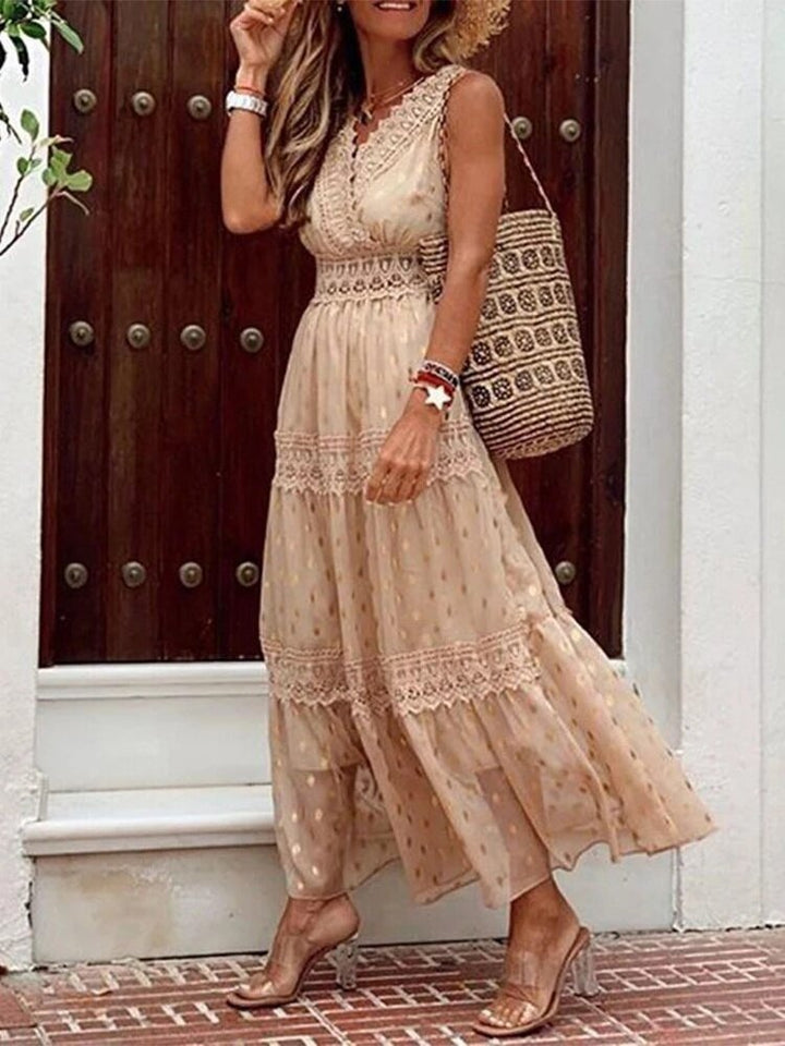 Airy Boho summer dress in Ibiza style with V-neck - Niva-Beige-S-Nora Luxe