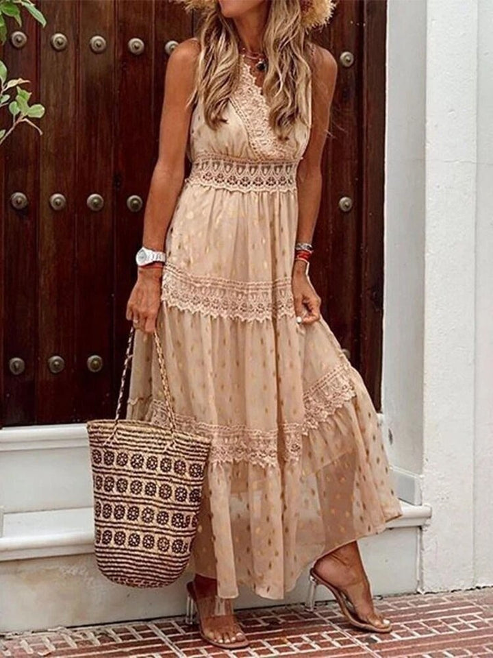 Airy Boho summer dress in Ibiza style with V-neck - Niva-Beige-S-Nora Luxe