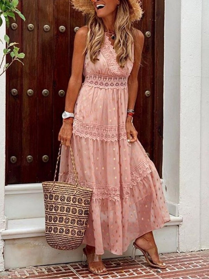 Airy Boho summer dress in Ibiza style with V-neck - Niva-Pink-S-Nora Luxe