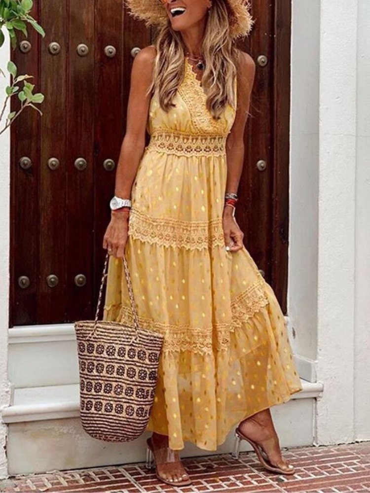 Airy Boho summer dress in Ibiza style with V-neck - Niva-Yellow-S-Nora Luxe