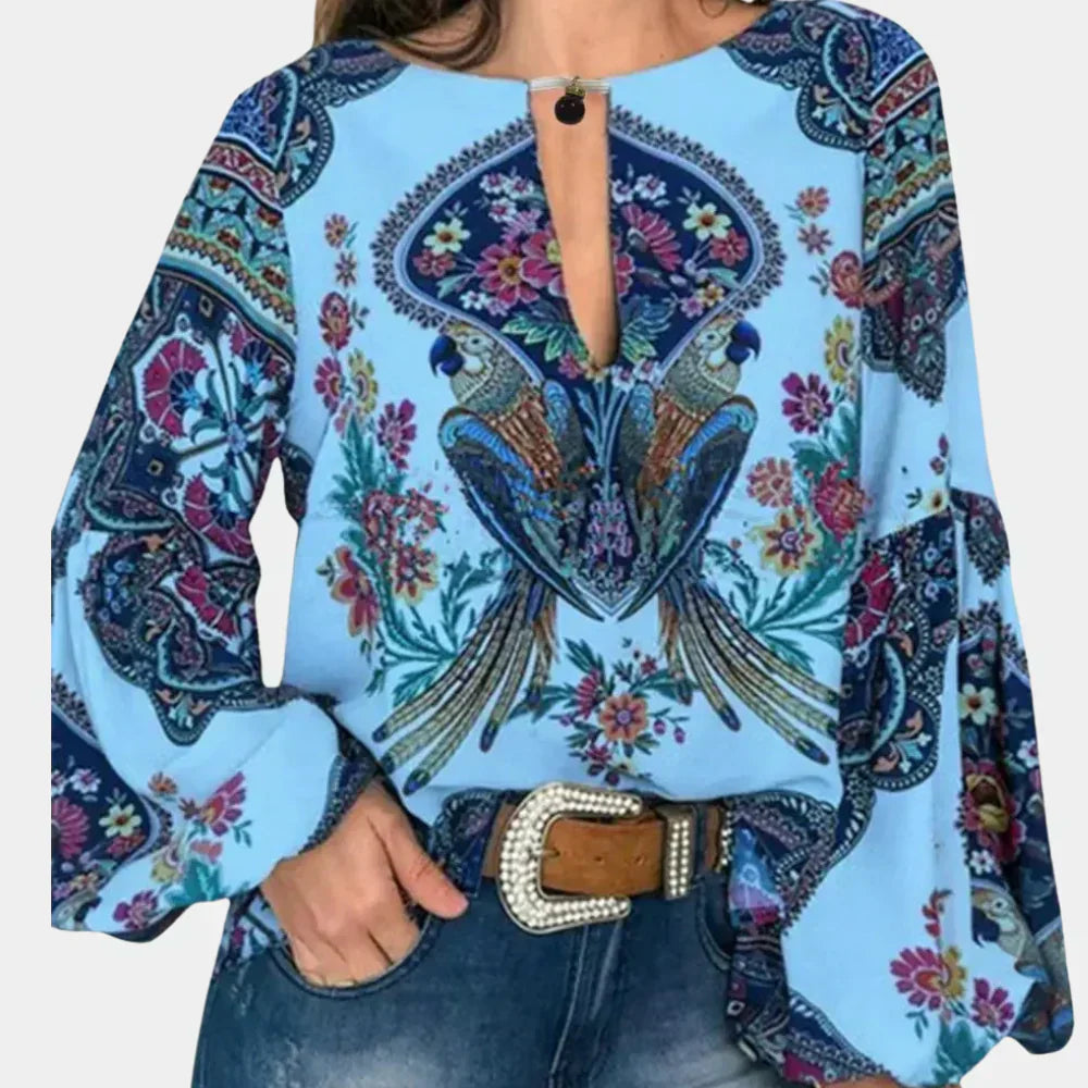 Airy ladies' summer blouse with floral print – Isabelle-Blue-XS-Nora Luxe