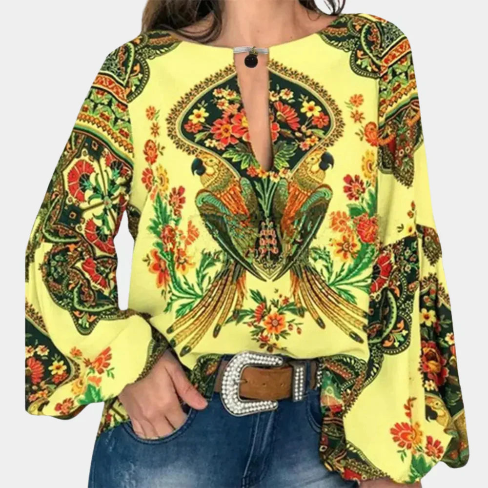 Airy ladies' summer blouse with floral print – Isabelle-Yellow-XS-Nora Luxe