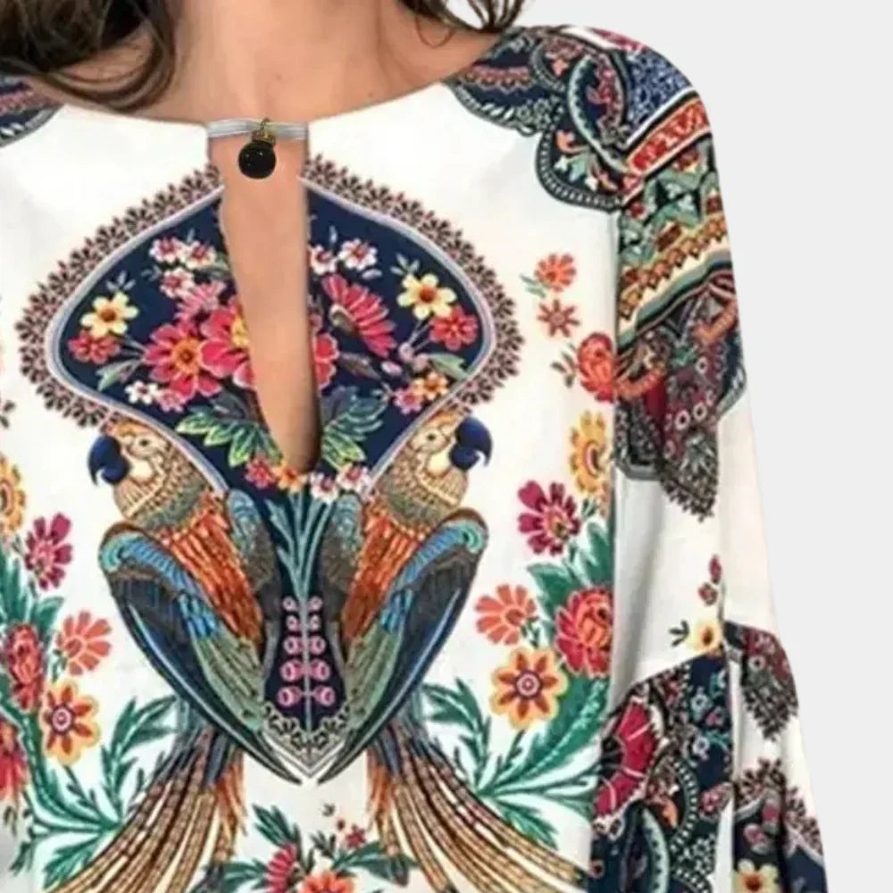 Airy ladies' summer blouse with floral print – Isabelle-Yellow-XS-Nora Luxe