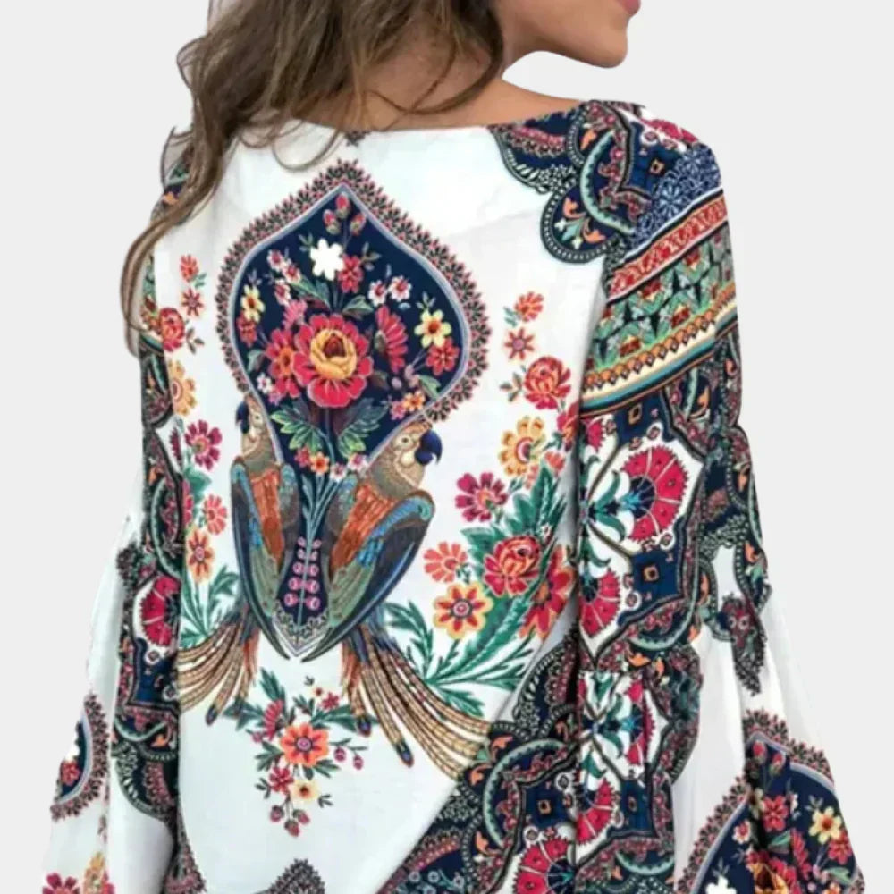 Airy ladies' summer blouse with floral print – Isabelle-Yellow-XS-Nora Luxe