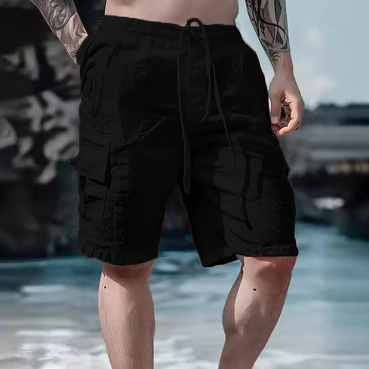 Airy men's linen shorts with wide legs and drawstring – Silas-Black-S-Nora Luxe