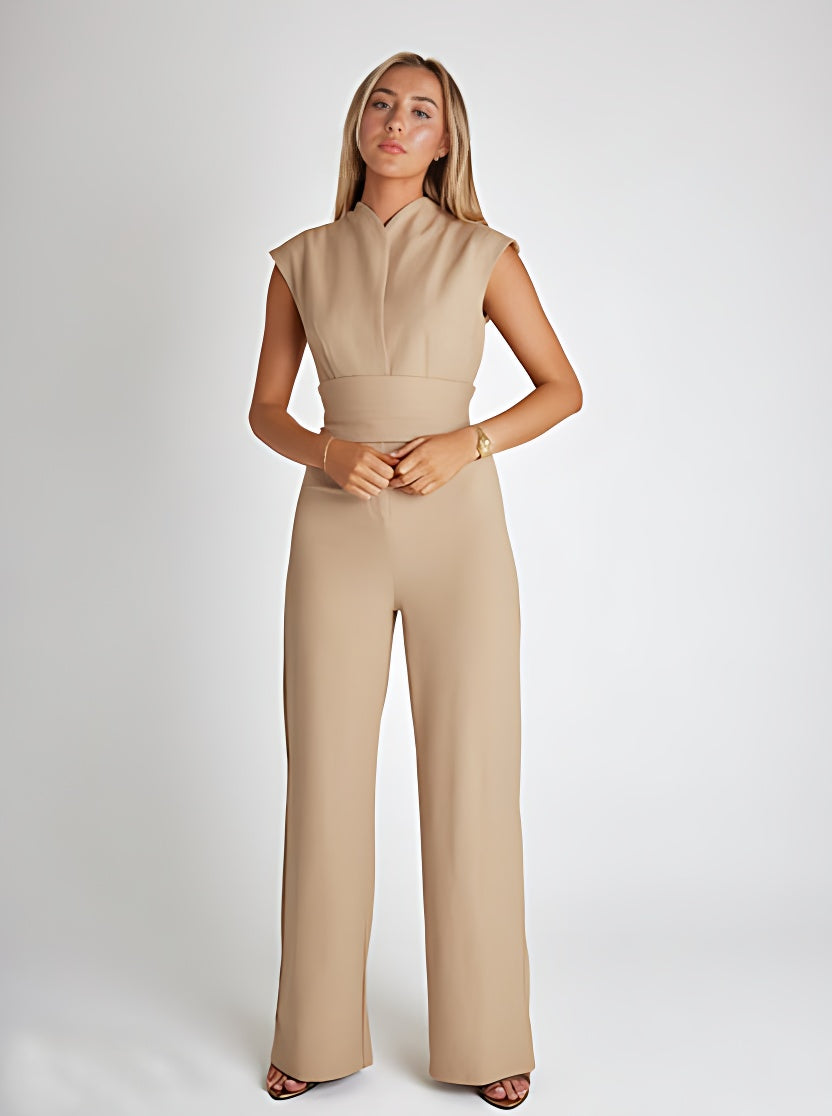 Airy women's jumpsuit with wide legs and a V-neck – Maribel-Beige-S-Nora Luxe