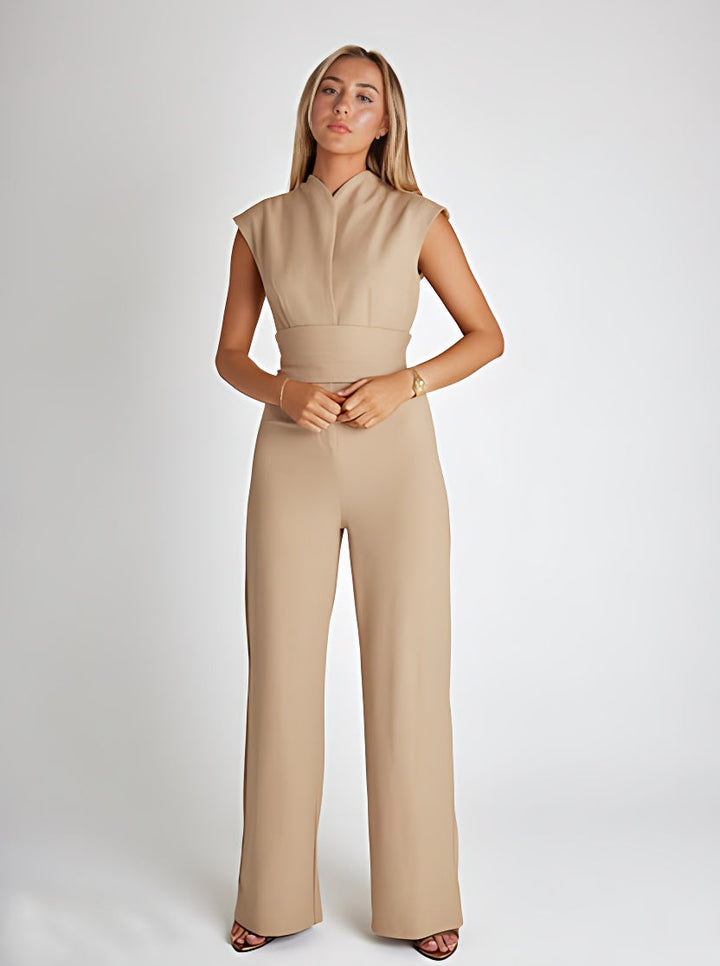 Airy women's jumpsuit with wide legs and a V-neck – Maribel-Beige-S-Nora Luxe