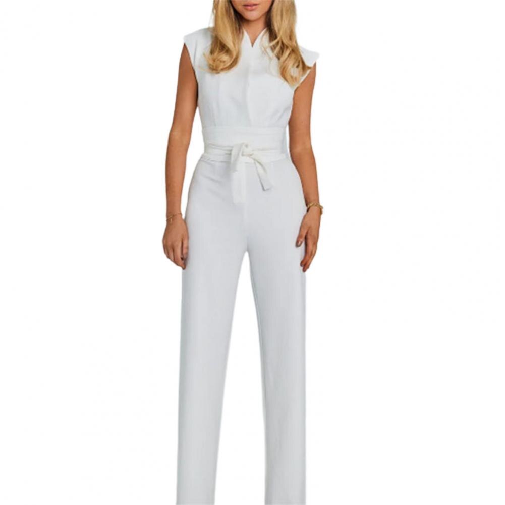 Airy women's jumpsuit with wide legs and a V-neck – Maribel-White-S-Nora Luxe