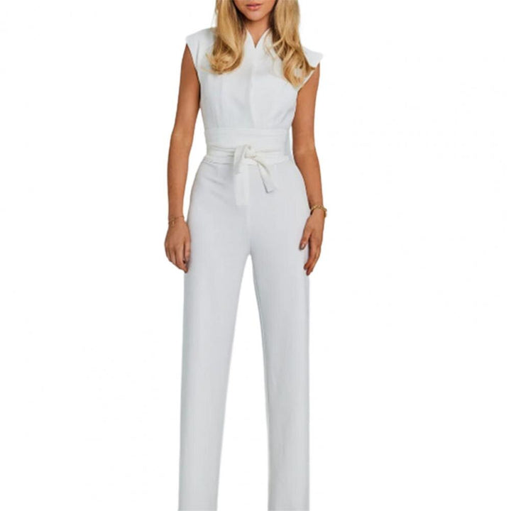 Airy women's jumpsuit with wide legs and a V-neck – Maribel-White-S-Nora Luxe