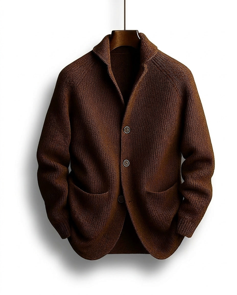 Brown ribbed cardigan with shawl collar, three buttons and two patch pockets, hanging on a wooden hanger 1