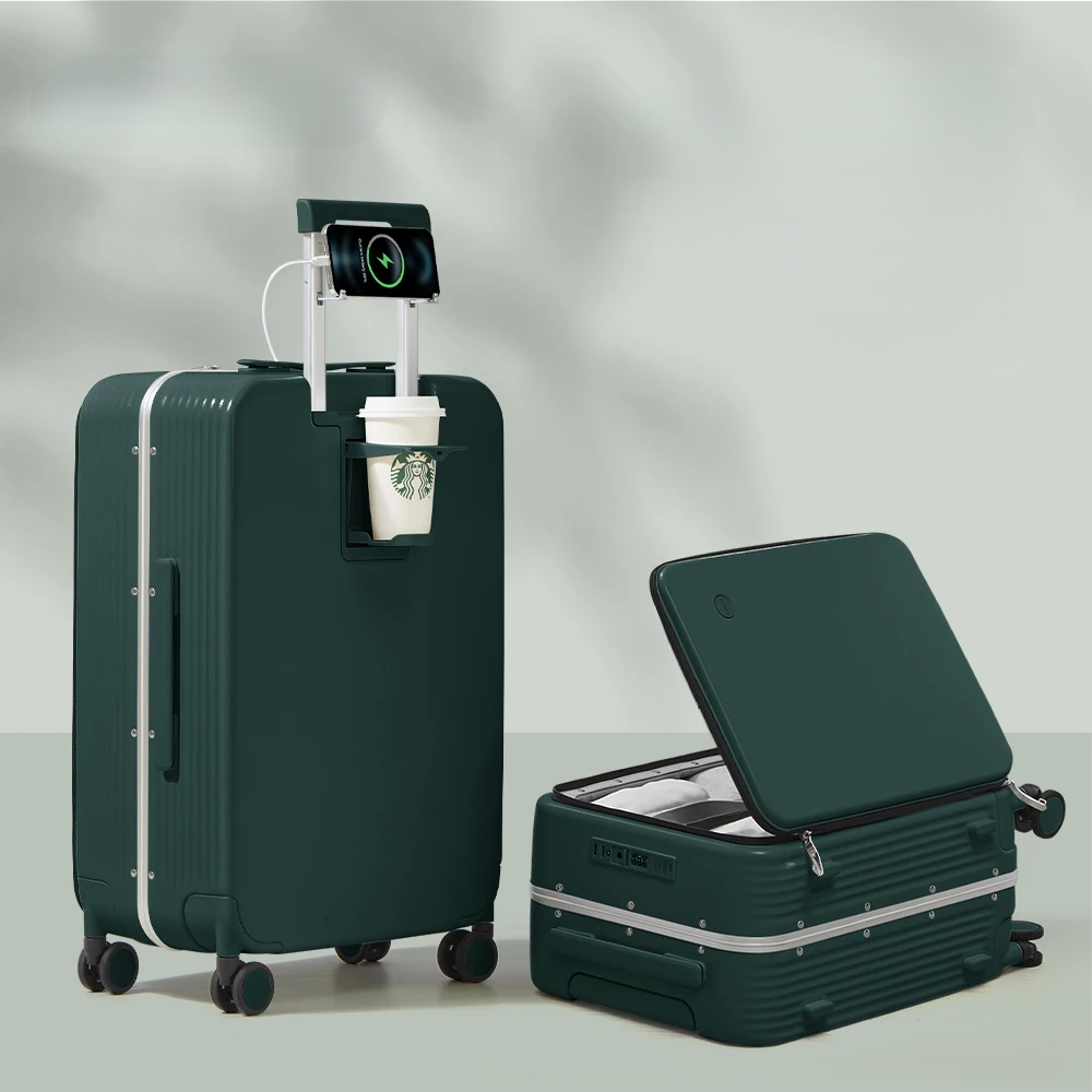 Aluminum frame hard shell suitcase with USB port – Turin-Dark green-S (42 L)-Nora Luxe