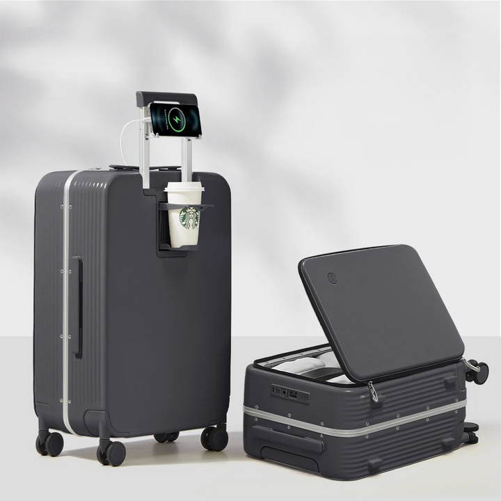 Aluminum frame hard shell suitcase with USB port – Turin-Gray-S (42 L)-Nora Luxe