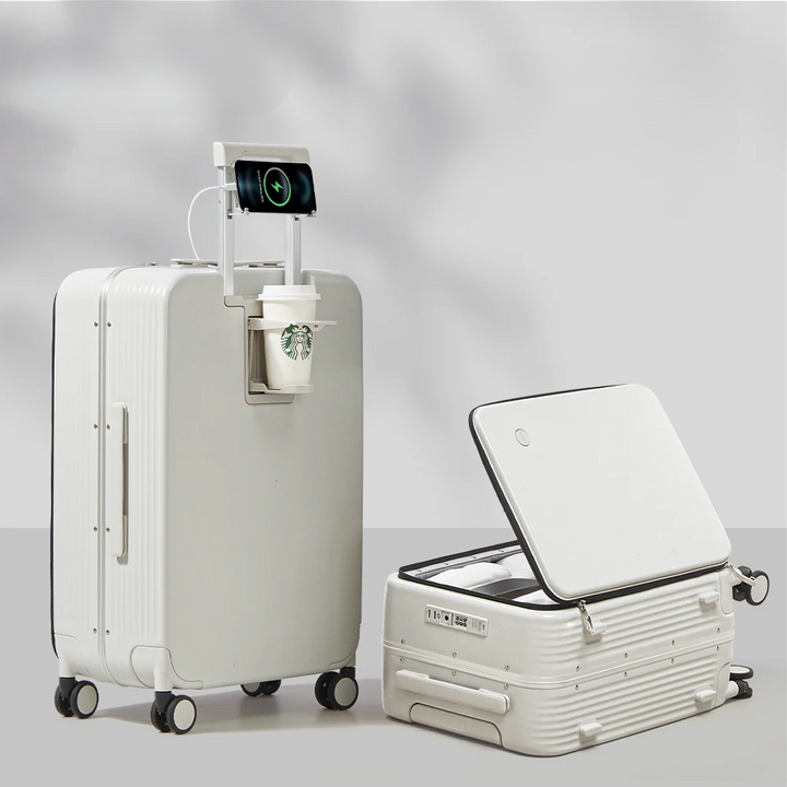 Aluminum frame hard shell suitcase with USB port – Turin-White-S (42 L)-Nora Luxe