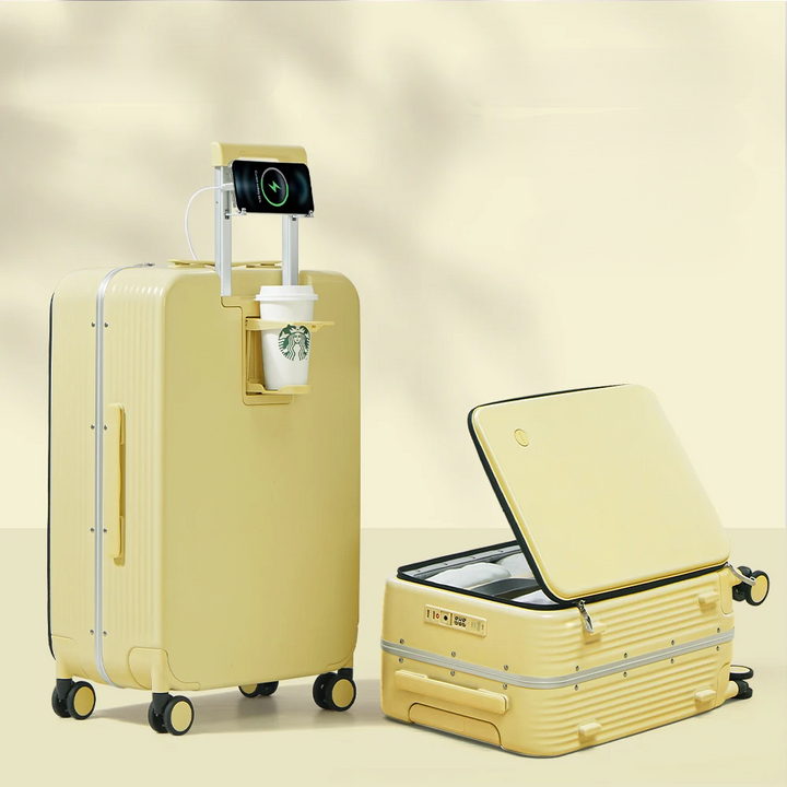 Aluminum frame hard shell suitcase with USB port – Turin-Yellow-S (42 L)-Nora Luxe