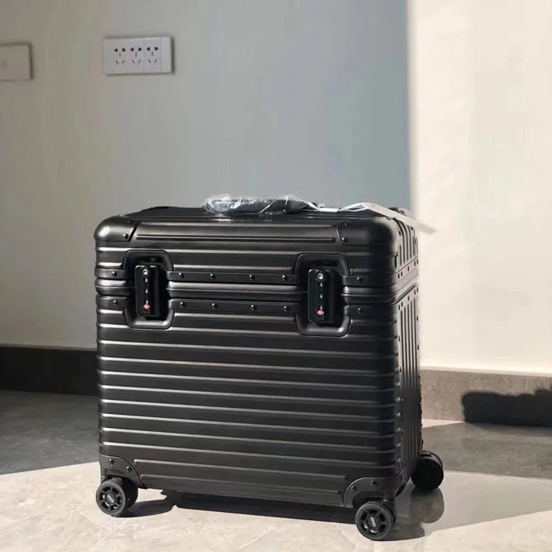 Black ribbed suitcase with two combination locks and spinner wheels in a bright room 10
