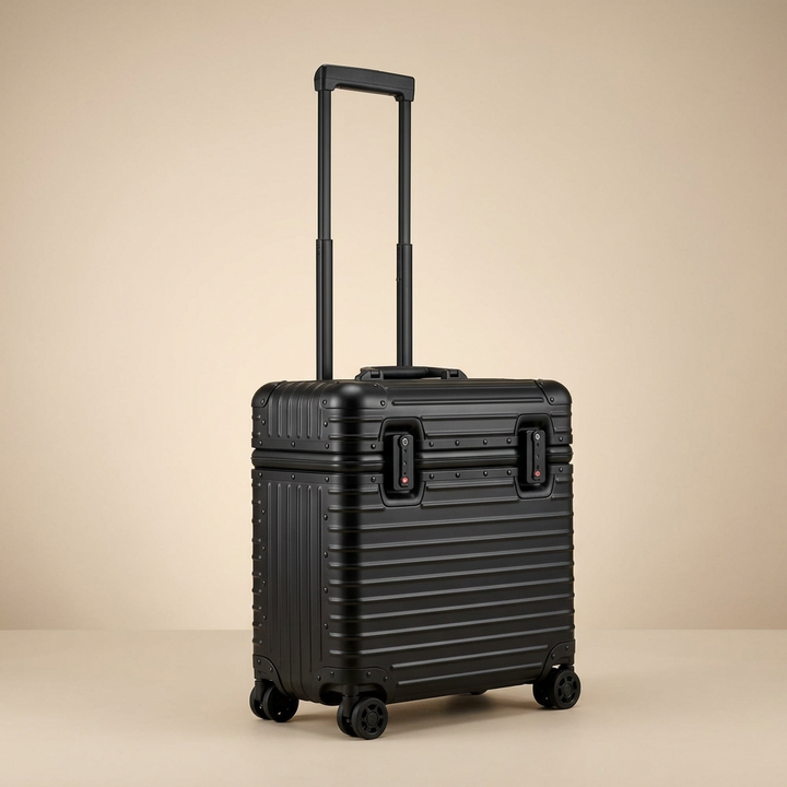 Matte black suitcase with extended telescoping handle, twin locks and four spinner wheels on a beige studio background 11