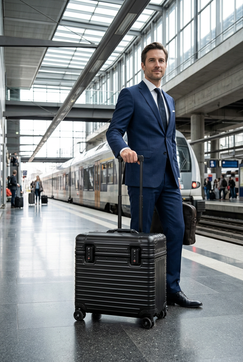 Man in a navy suit stands on a train platform with a black ribbed hard-shell suitcase 1