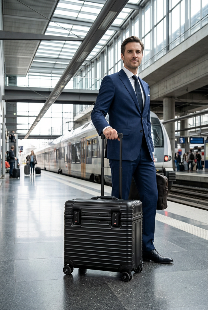 Man in a navy suit stands on a train platform with a black ribbed hard-shell suitcase 1