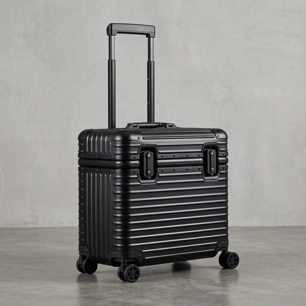 Matte black case with handle extended, angled view showing locks and four spinner wheels 12