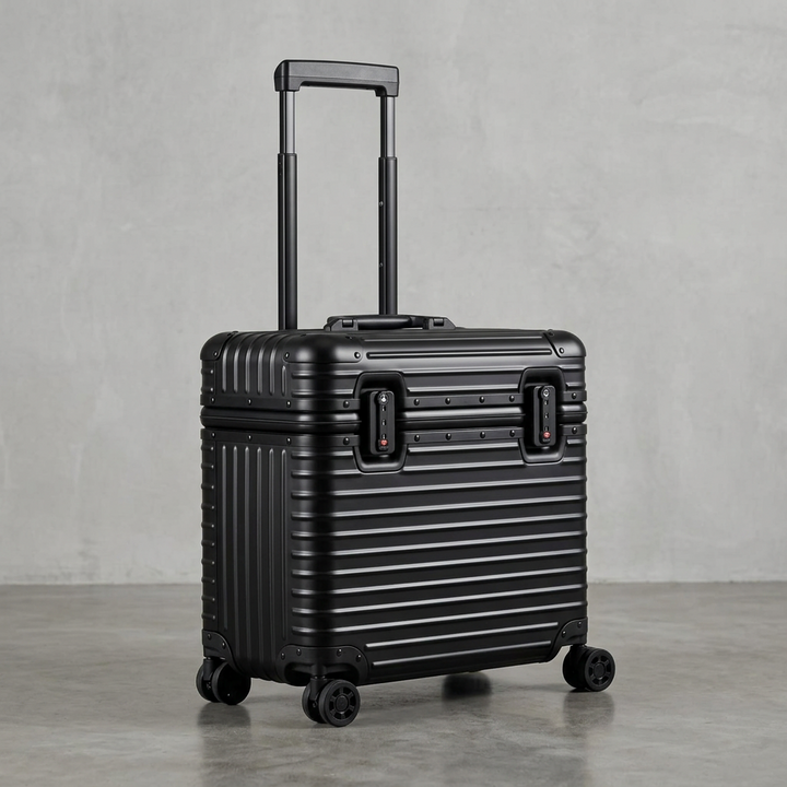 Matte black case with handle extended, angled view showing locks and four spinner wheels 12