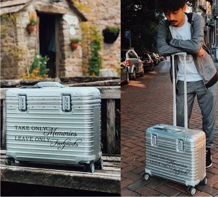 Two lifestyle shots: silver suitcase on a wooden bench, and a man leaning on its extended handle 3