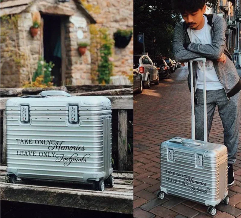 Silver grooved case on a wooden bench beside a man leaning on a case handle on a brick street 3