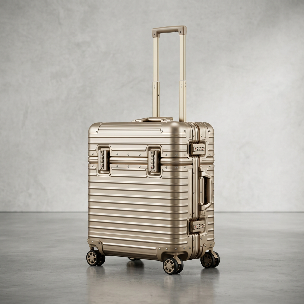 Champagne gold case with handle extended, angled view showing side latches and spinner wheels 13