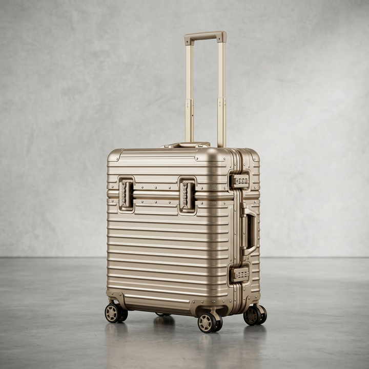 Champagne gold case with handle extended, angled view showing side latches and spinner wheels 13