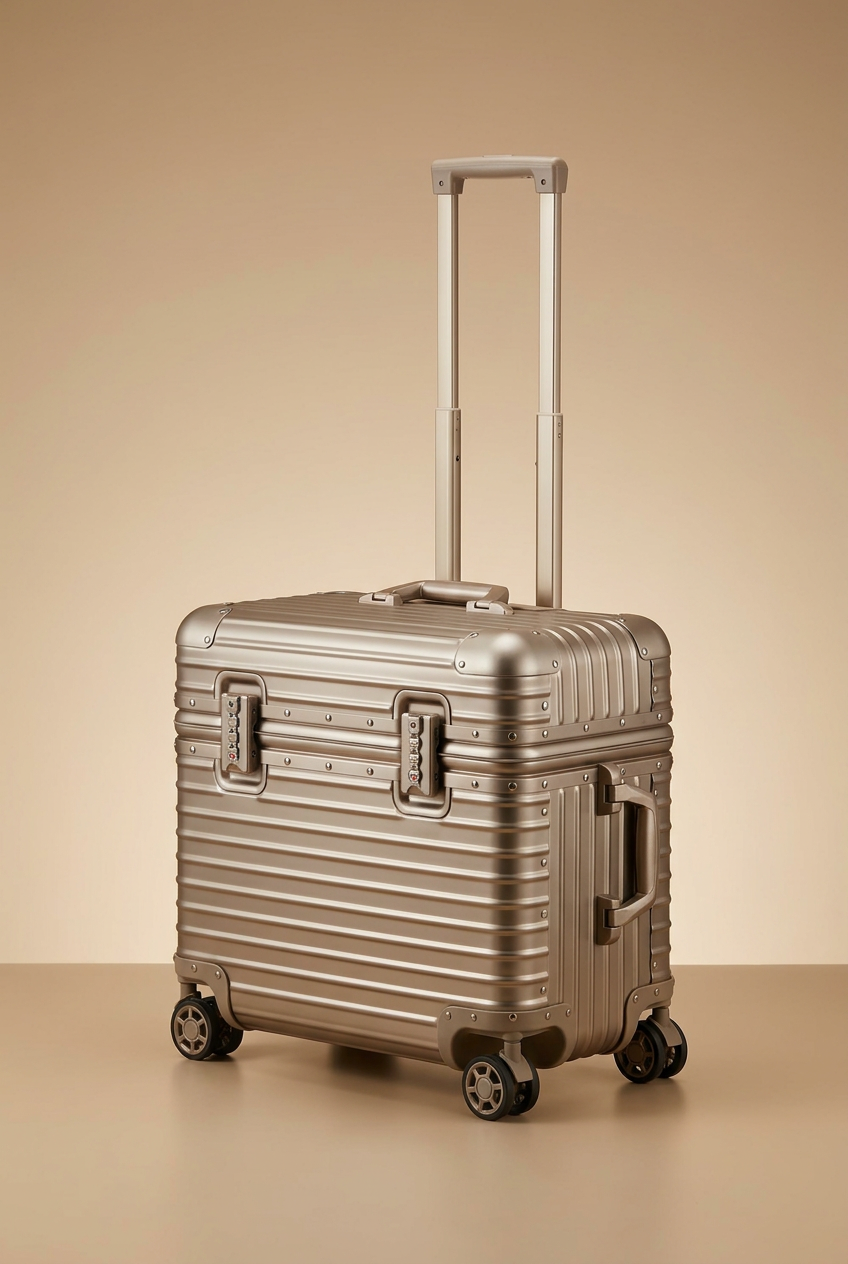 Champagne gold suitcase with extended handle, riveted trim, twin combination locks and side handle in a studio setting 13