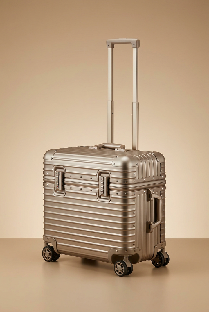 Champagne gold suitcase with extended handle, riveted trim, twin combination locks and side handle in a studio setting 13