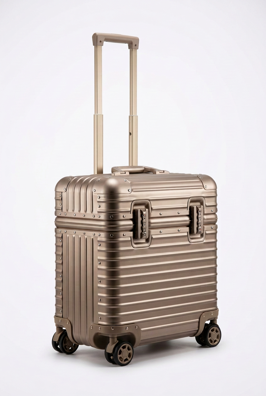 Champagne-gold ribbed metal case with extended telescopic handle, shown at an angle against a plain light backdrop 1