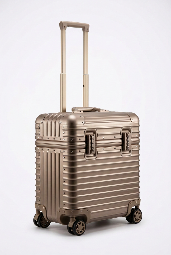 Champagne-gold ribbed metal case with extended telescopic handle, shown at an angle against a plain light backdrop 1