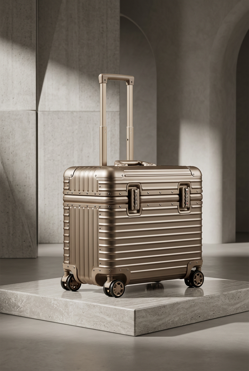 Bronze-toned suitcase with extended handle on a stone platform, shown at an angle with its side panel 11