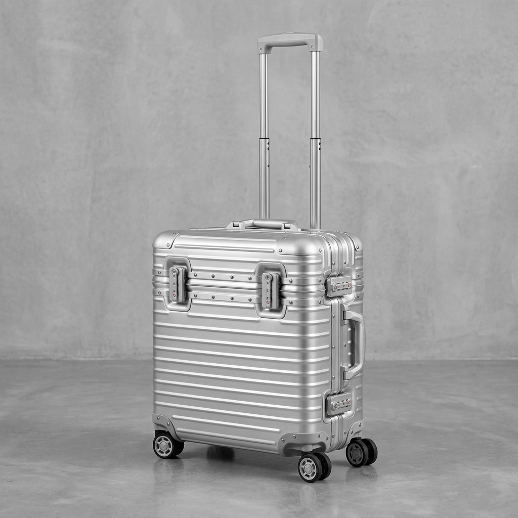 Silver case with telescopic handle extended, shown at an angle on a gray concrete floor 11