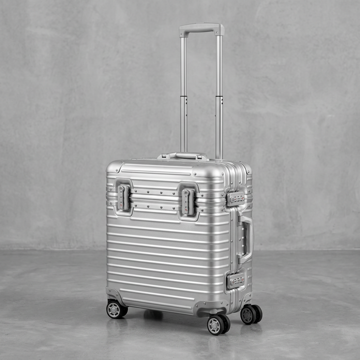 Silver case with telescopic handle extended, shown at an angle on a gray concrete floor 11